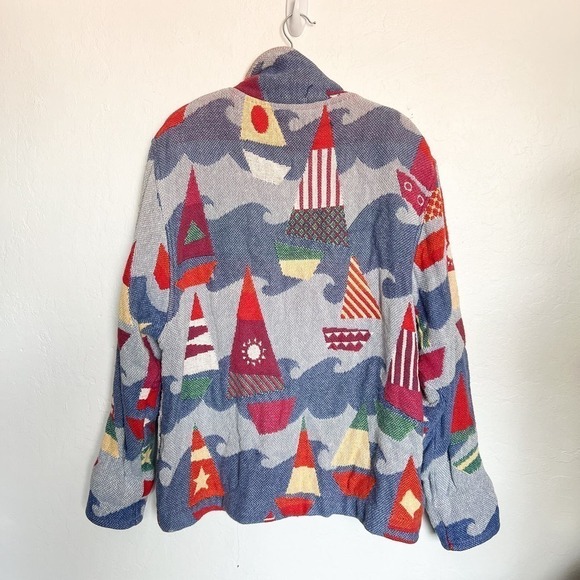 Painted Pony Tapestry Sail Boat Nautical Button Jacket M/L Blue Coastal Cottage - Picture 5 of 6
